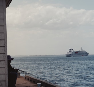 A person sits on a dock, fishing with a rod while a large cruise ship sails in the background over the calm ocean waters. The sky is partly cloudy, and the scene conveys a sense of tranquility and leisure.
